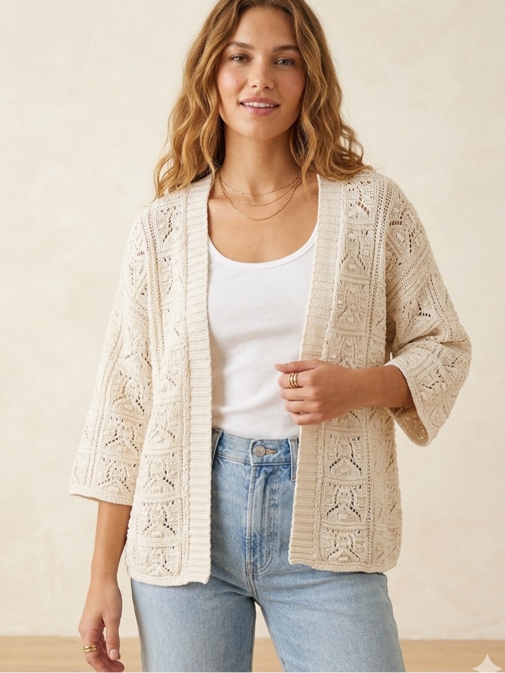 Cream Open Knit Crochet Cardigan Sweater Boho 100% cotton Large